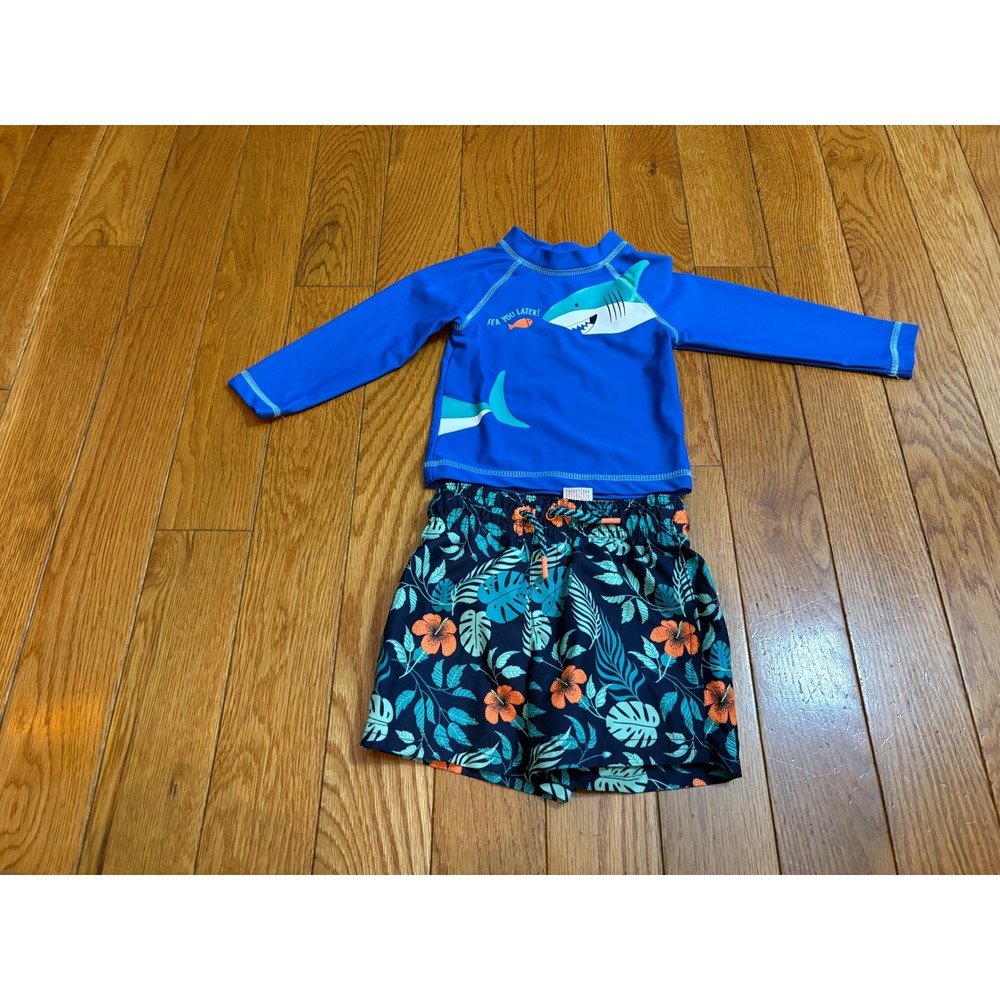 Little Me Shark Rash Guard & Cat & Jack Tropical Swim Trunks Set 18M Blue